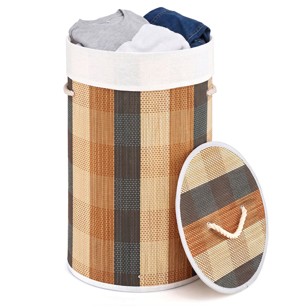Multicolor 13.2-gallon laundry hamper features a bamboo frame, removable liner, and a lid for dust-free storage.