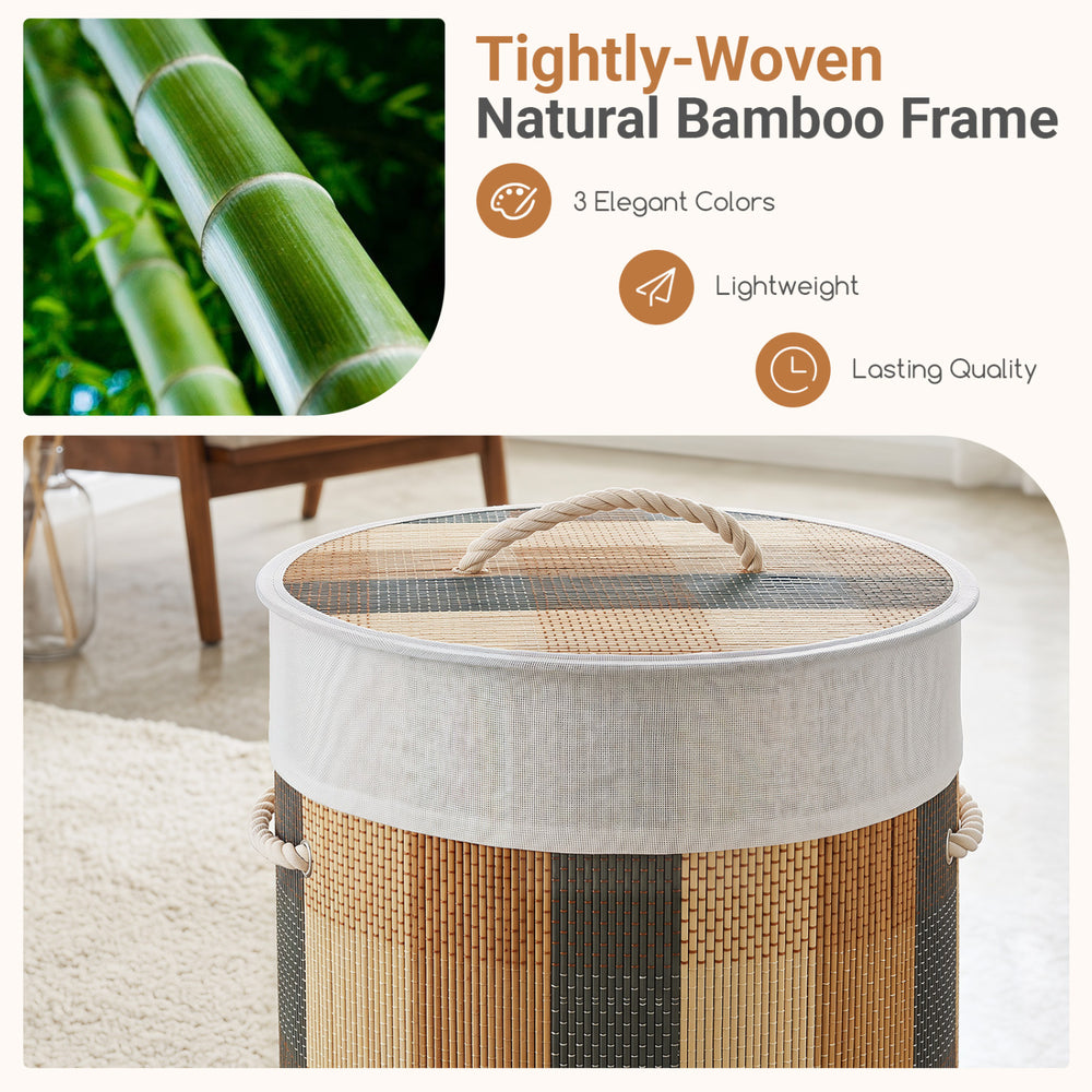 Tightly-woven natural bamboo laundry hamper with removable liner, 13.2-gallon capacity, and lightweight design for easy portability.