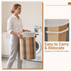 Multicolor 13.2-gallon laundry hamper features a bamboo frame, removable liner, and dual side handles for easy portability.