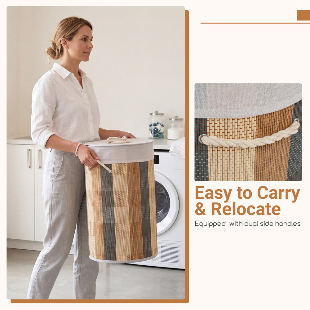 Multicolor 13.2-gallon laundry hamper features a bamboo frame, removable liner, and dual side handles for easy portability.