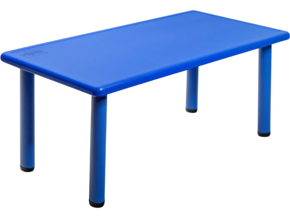 Blue kids plastic rectangular table with reinforced steel legs, ideal for daycares and home use, suitable for indoor.
