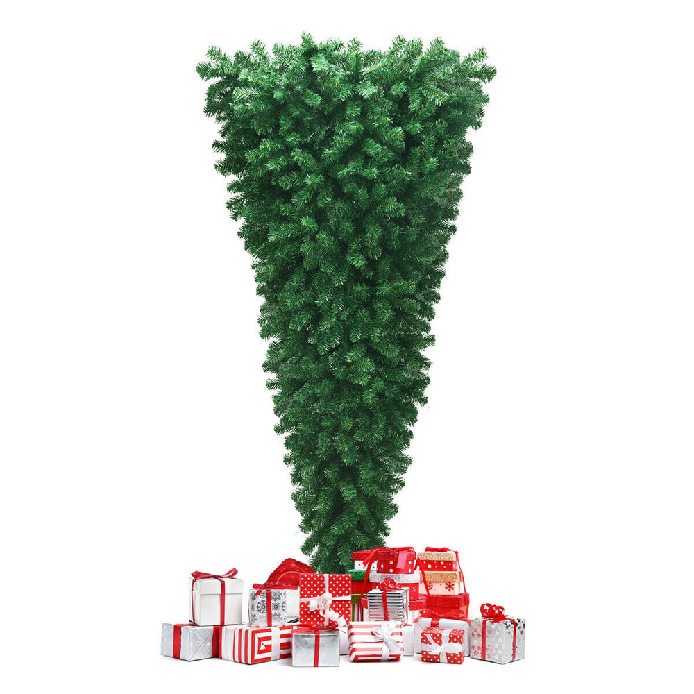 Upside down 7 feet artificial Christmas tree with 1000 green branch tips, perfect for saving floor space and decorating.