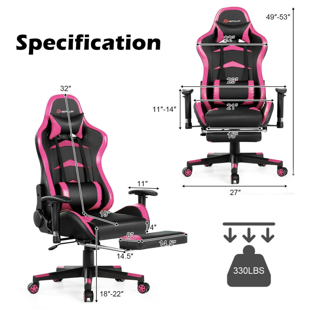 Massage gaming chair with pink accents, adjustable backrest, footrest, and armrests for ultimate comfort and support.