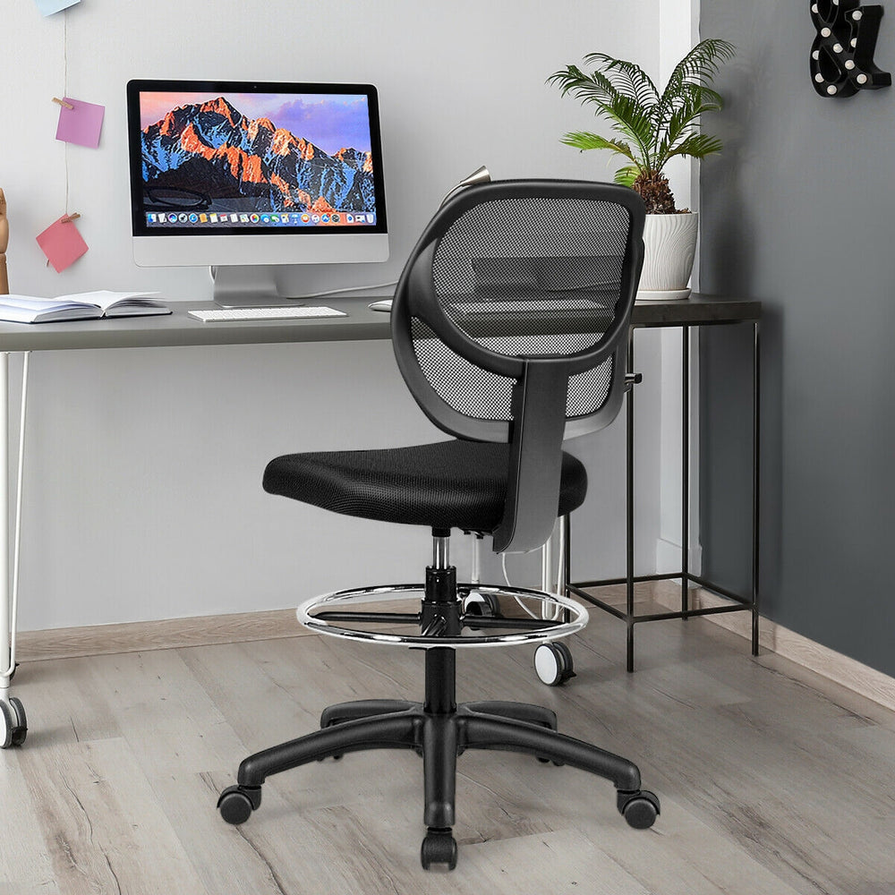 Adjustable height mid back mesh drafting office chair with ergonomic lumbar support and swivel seat for versatile use.