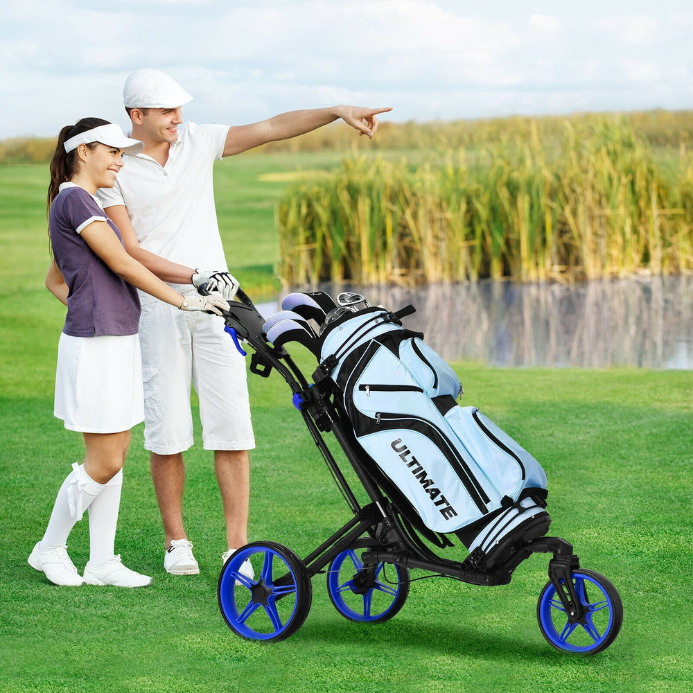 Folding Golf Push Cart with Scoreboard Adjustable Handle Swivel Wheel-Blue - Gallery View 1 of 11