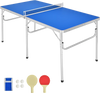 Portable 60-inch blue ping pong folding table with net, paddles, and balls, ideal for small areas and easy transport.