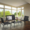 4-piece black patio furniture set featuring a loveseat, 2 single sofas, and a glass top coffee table for outdoor.
