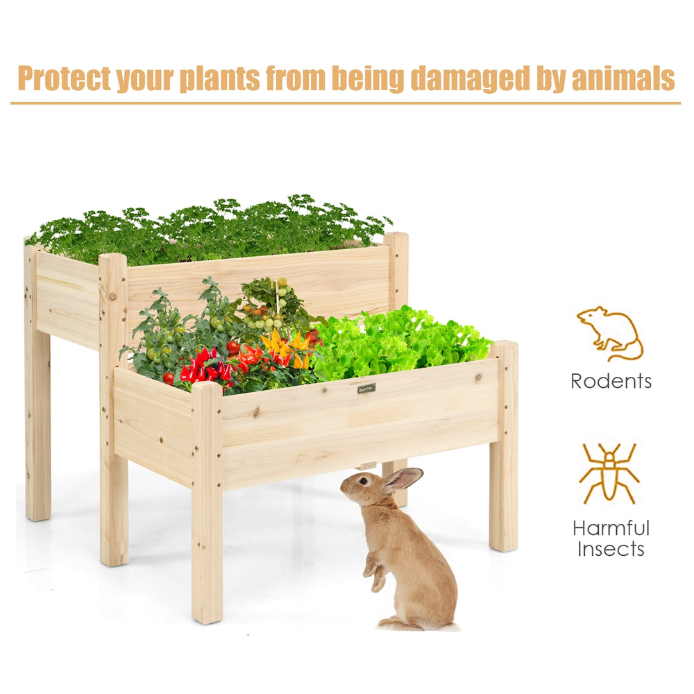 2 Tier Wooden Elevated Planter Box made of fir wood with drainage holes, perfect for balcony and yard gardening.