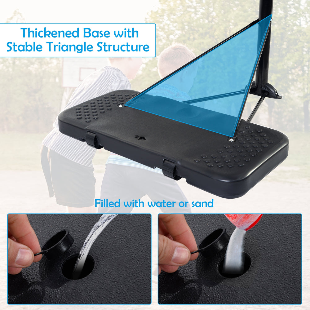 Thickened base of the 43-inch adjustable basketball hoop, designed for stability with water or sand filling option.