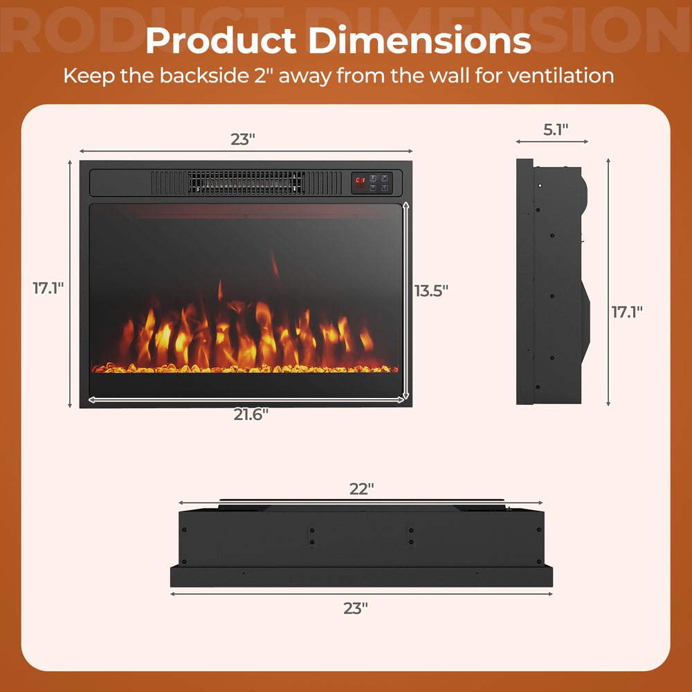 Electric fireplace heater dimensions showing 23" width, 13.5" height, and 5.1" depth for optimal heating in 400 sq.ft.