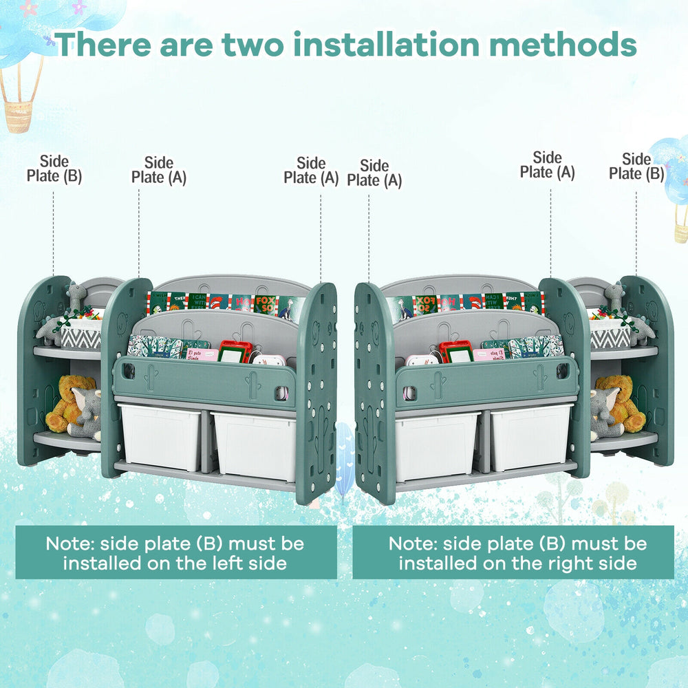Kids toy storage organizer showing side installation method for side plate (B), featuring durable HDPE material for.