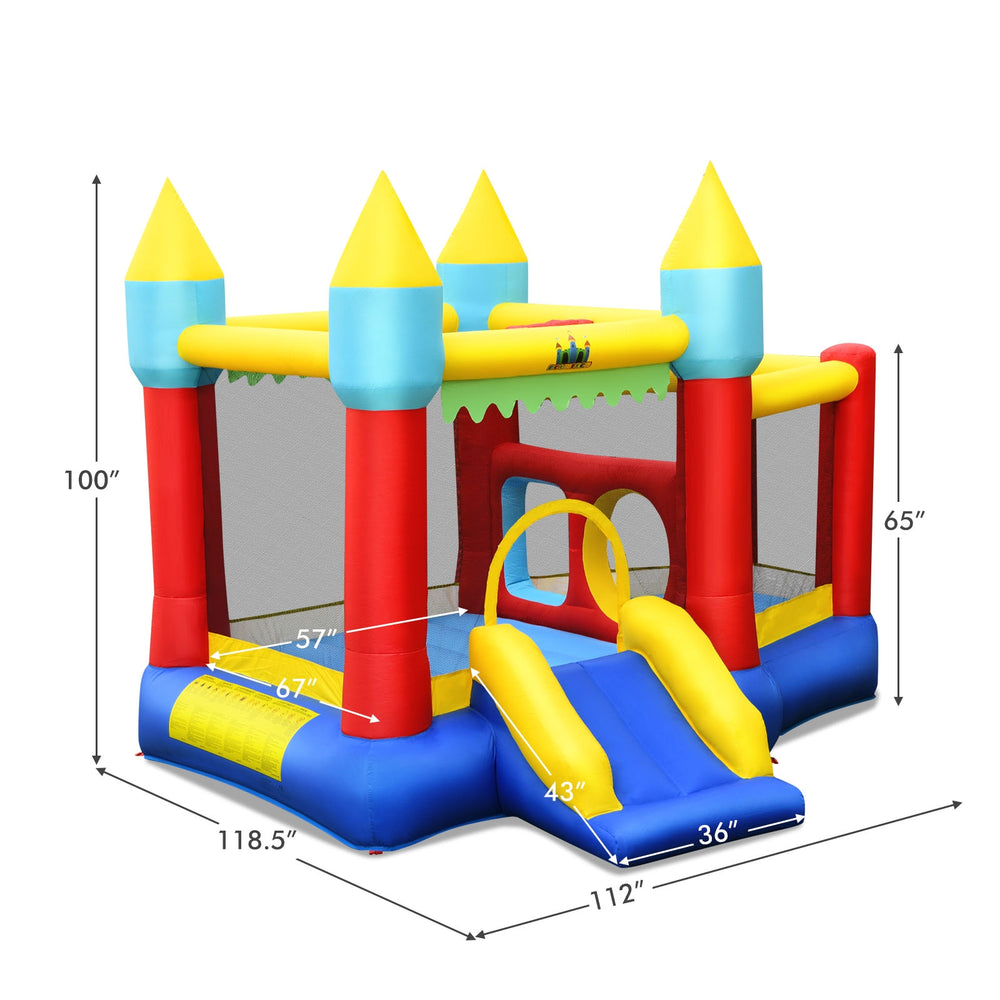 Kid's inflatable bouncer with slide, mesh walls, and vibrant colors, perfect for outdoor play and entertainment.