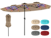 Double-sided 13 FT patio umbrella in brown with color-changing LED lights for enhanced nighttime ambiance.