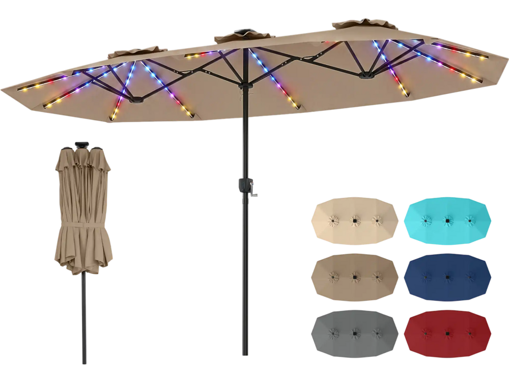 Double-sided 13 FT patio umbrella in brown with color-changing LED lights for enhanced nighttime ambiance.