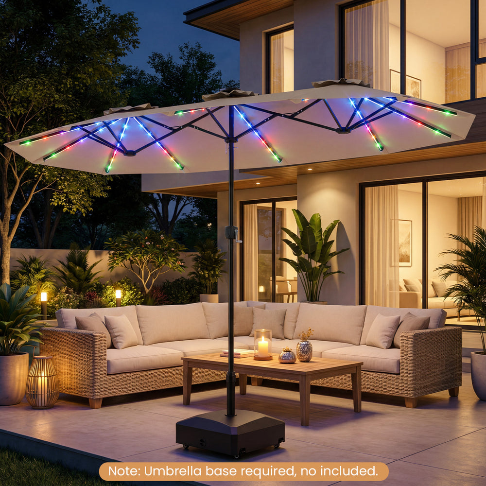 Double-sided 13 FT patio umbrella with color-changing solar LED lights, providing a large sunshade area for outdoor.