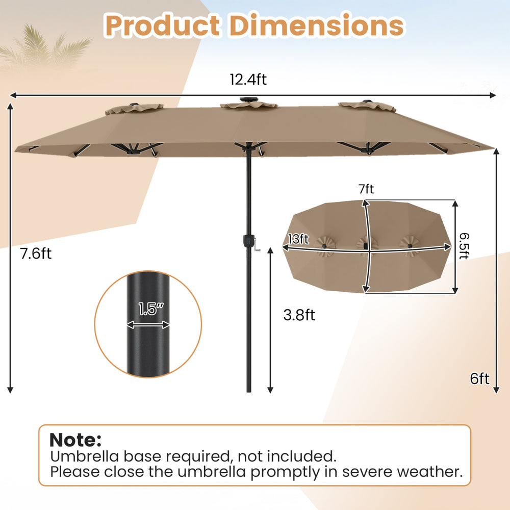 13 FT double-sided patio umbrella in brown with solar LED lights, showcasing dimensions and design features for outdoor.