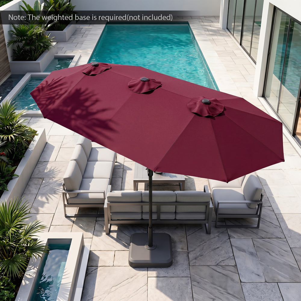 Double-sided 13 FT patio umbrella in wine color with LED lights, providing large coverage for outdoor seating areas.