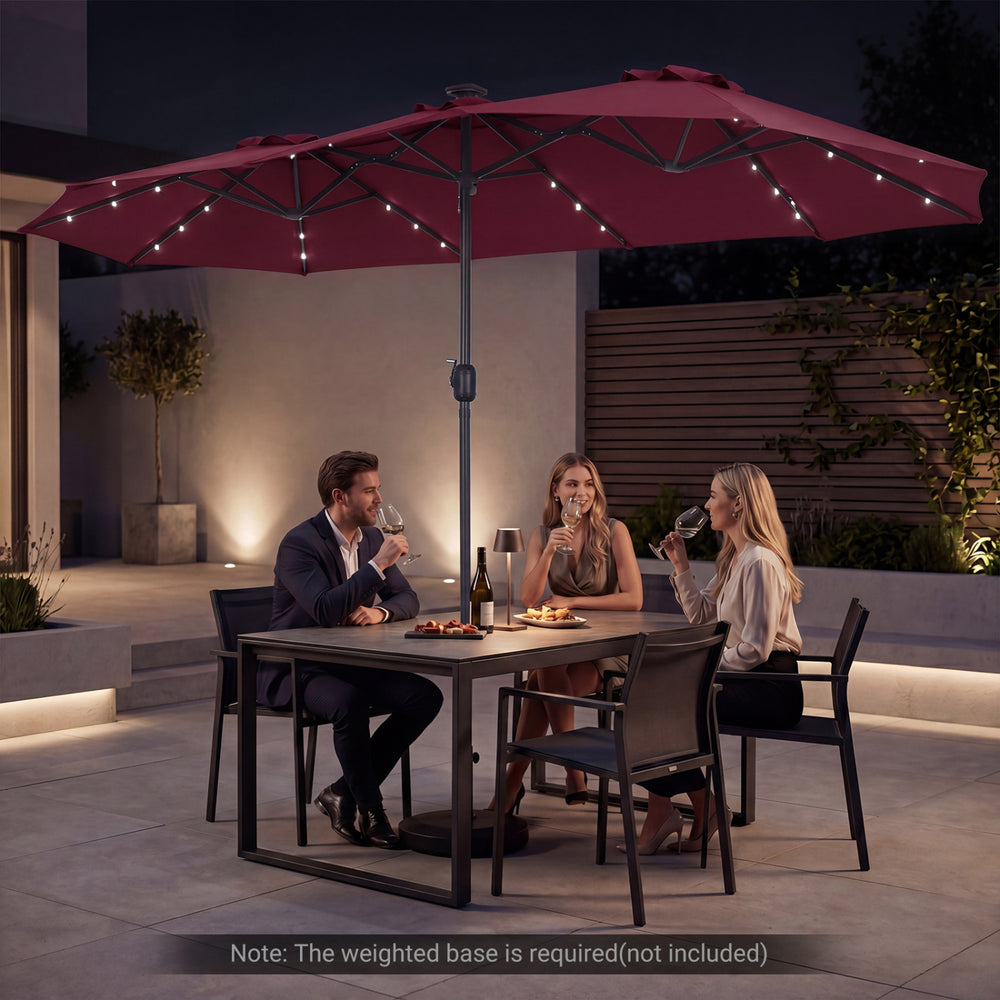 Double-sided 13 FT patio umbrella with LED lights, providing sun-proof coverage for outdoor dining and relaxation.