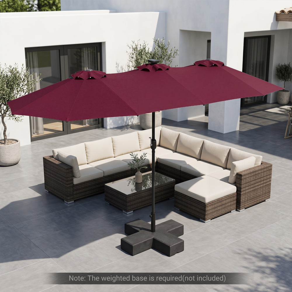 Large 13 FT double-sided patio umbrella in wine color with LED lights, providing shade for outdoor seating area.