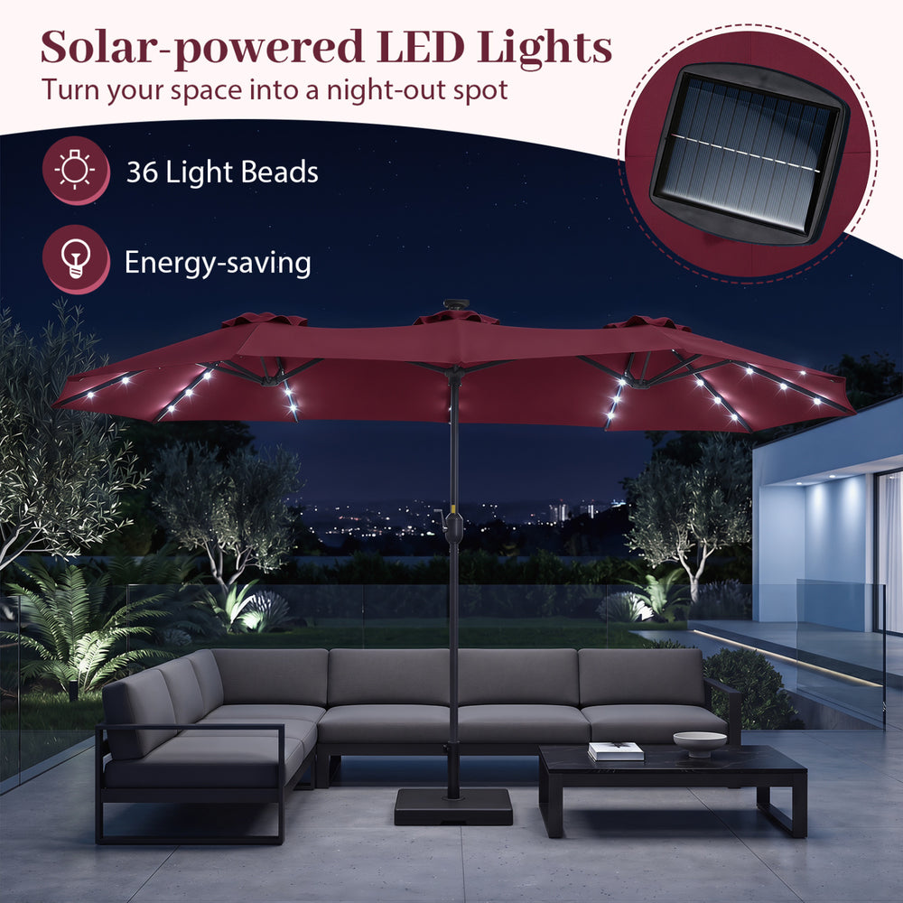 Double-sided 13 FT patio umbrella in wine with 36 solar-powered LED lights, perfect for outdoor gatherings.