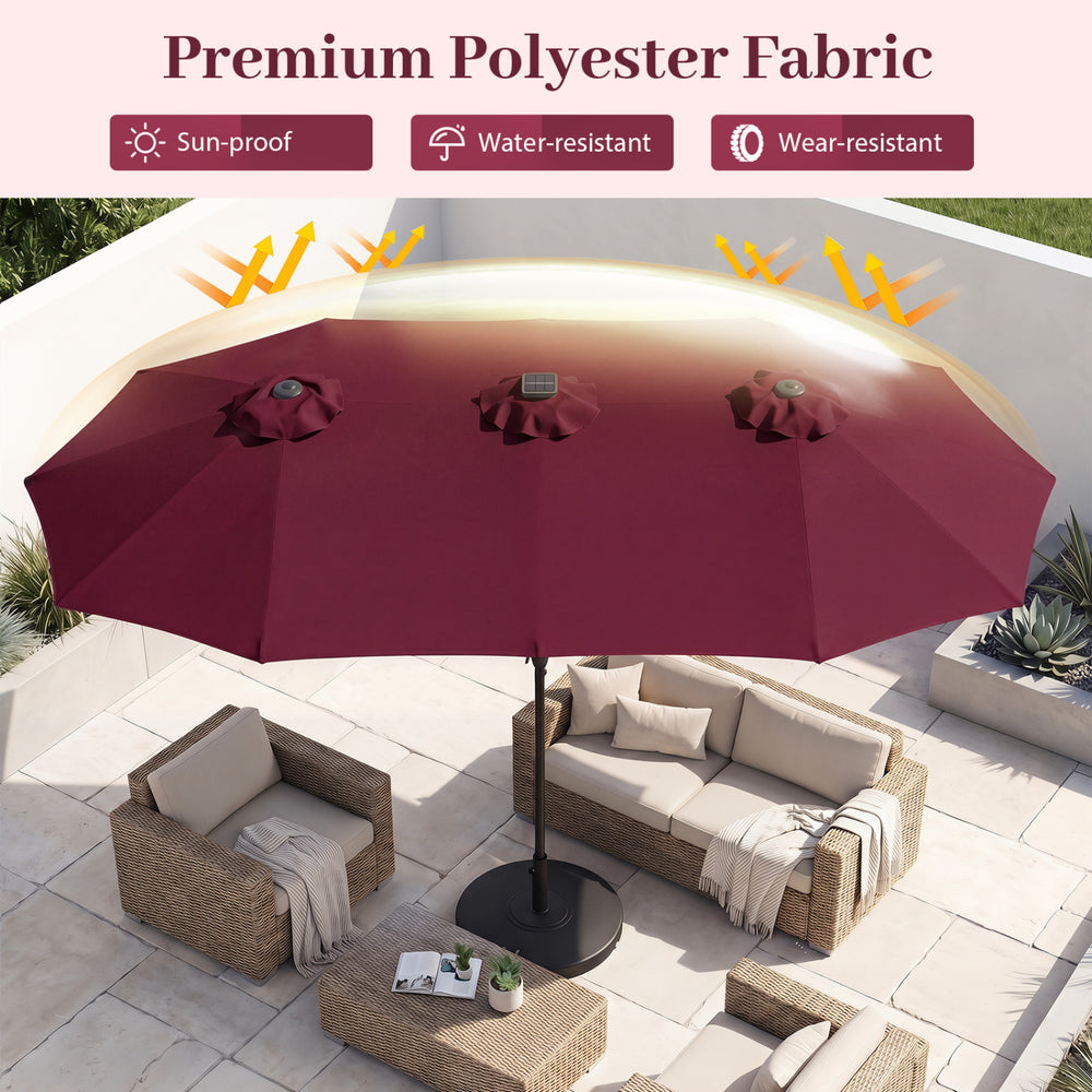 Large 13 FT double-sided patio umbrella in wine color with solar-powered LED lights, ideal for outdoor relaxation.