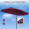 Large 13 FT double-sided patio umbrella in wine color with 12 heavy-duty metal ribs for stability and solar-powered LED.