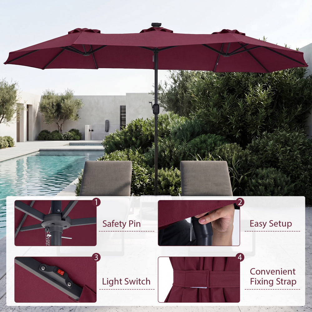 Double-sided 13 FT patio umbrella in wine color with LED lights, featuring a smooth crank handle and safety pin for.