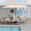 Large 13 ft beige patio umbrella with LED solar lights, crank handle, and double-sided design for ample shade coverage.