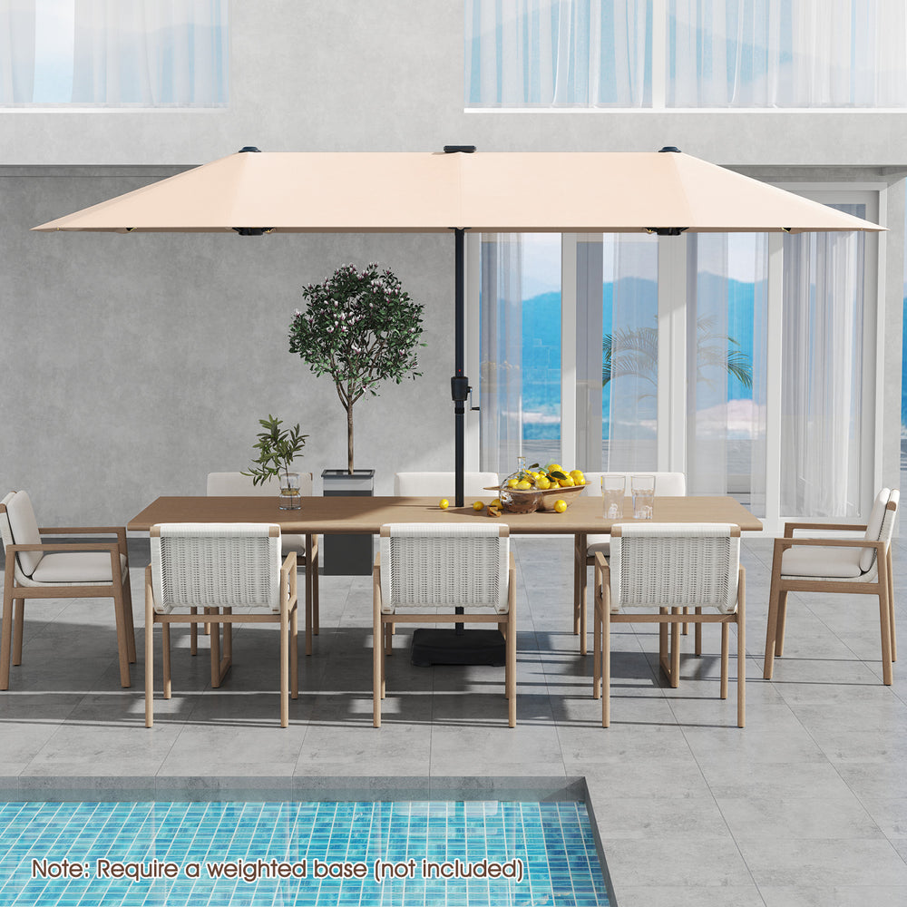 Large 13 ft beige patio umbrella with LED solar lights, crank handle, and double-sided design for ample shade coverage.