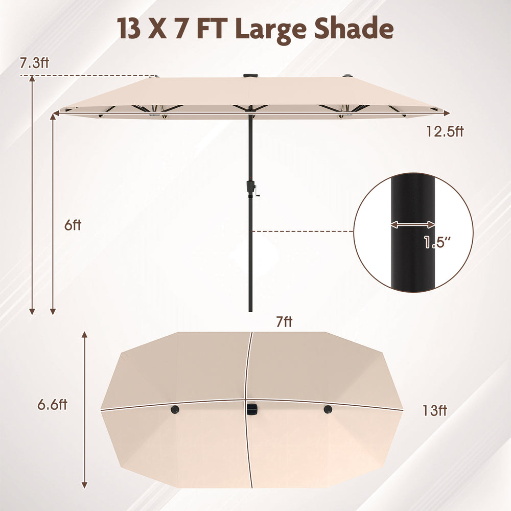 Close-up view of the 13 ft beige patio umbrella's solar panel and crank handle, designed for easy operation and energy.