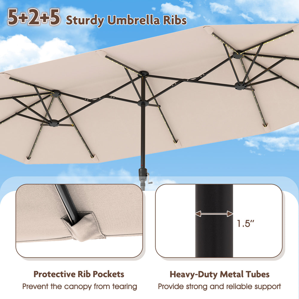 Large 13 FT beige patio umbrella with LED solar lights, crank handle, and protective rib pockets for enhanced stability.