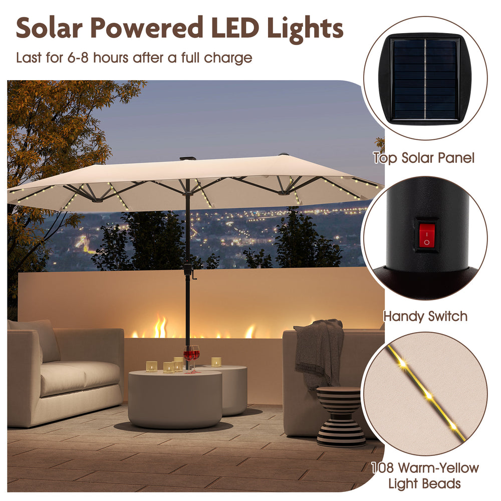 13 ft beige patio umbrella with solar-powered LED lights, crank handle, and double-sided design for ample shade.