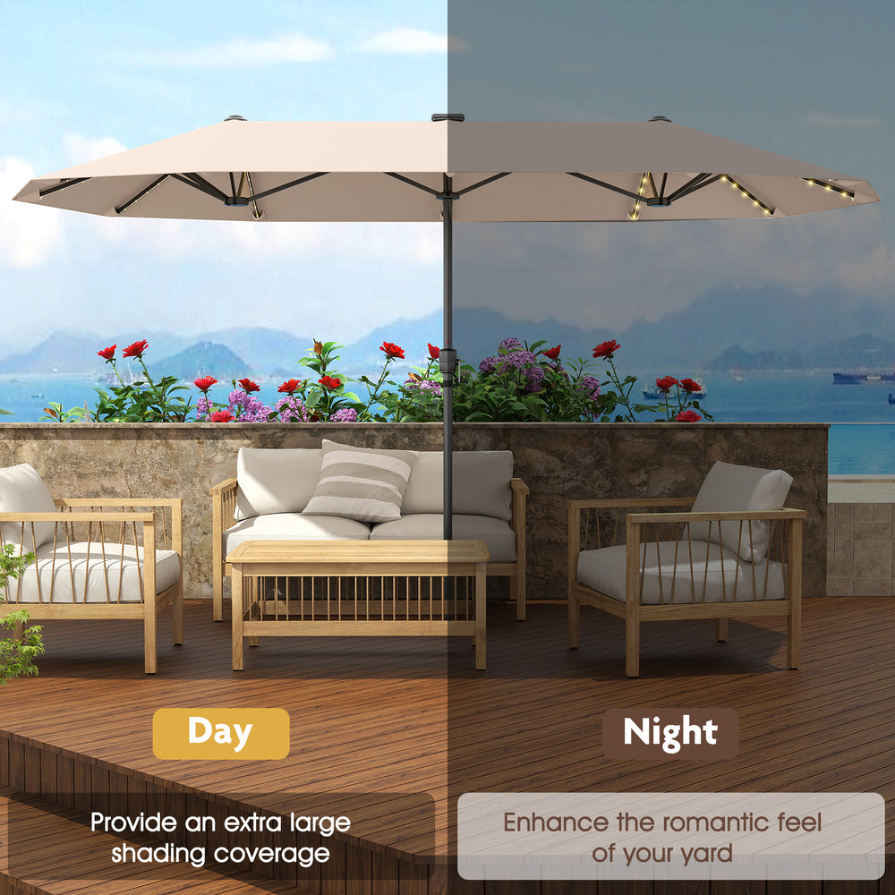 Large 13 ft beige patio umbrella with LED solar lights, double-sided design for ample shade, ideal for outdoor.