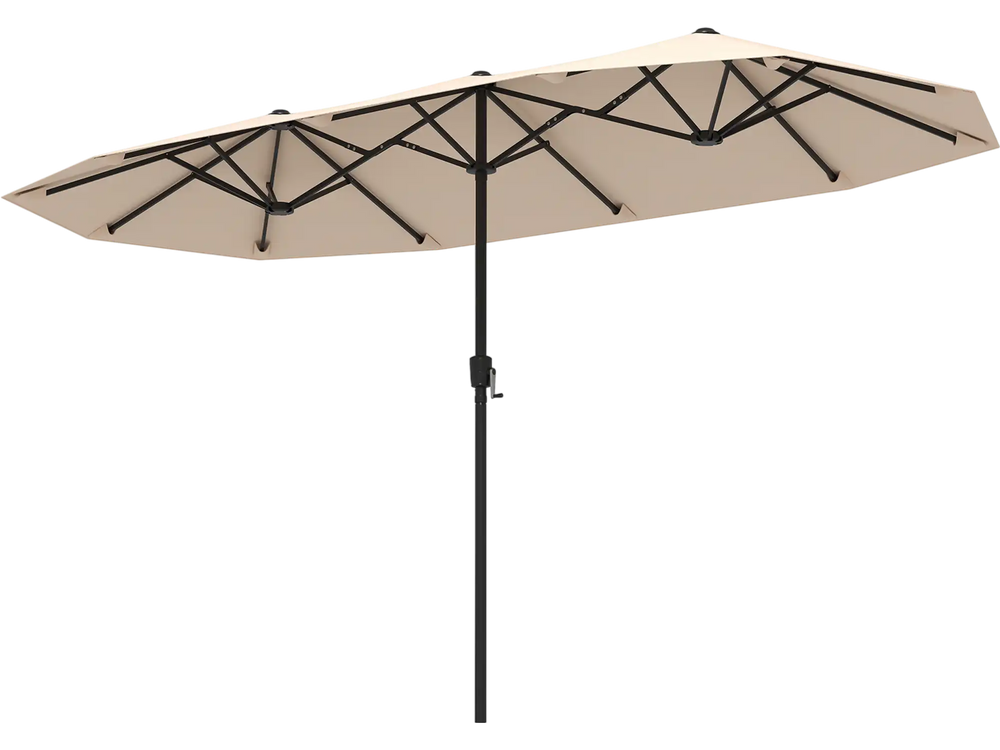 Large 13 ft double-sided patio umbrella in beige with crank handle, ideal for outdoor shade at poolsides and patios.