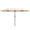 Double-sided 13 ft patio umbrella in beige with crank handle, perfect for providing shade at outdoor gatherings.