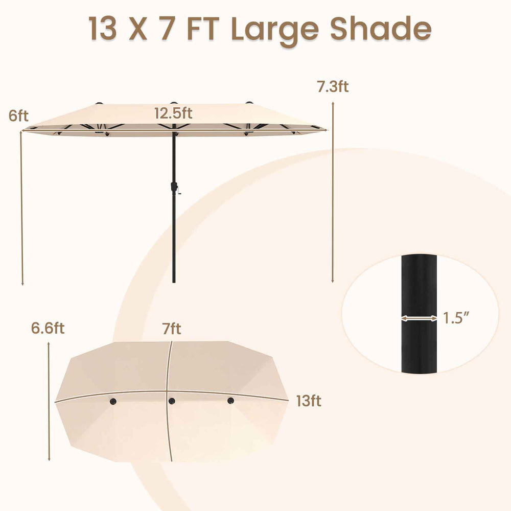 Double-sided 13 ft beige patio umbrella with crank handle, featuring robust metal ribs for stability and large shade.