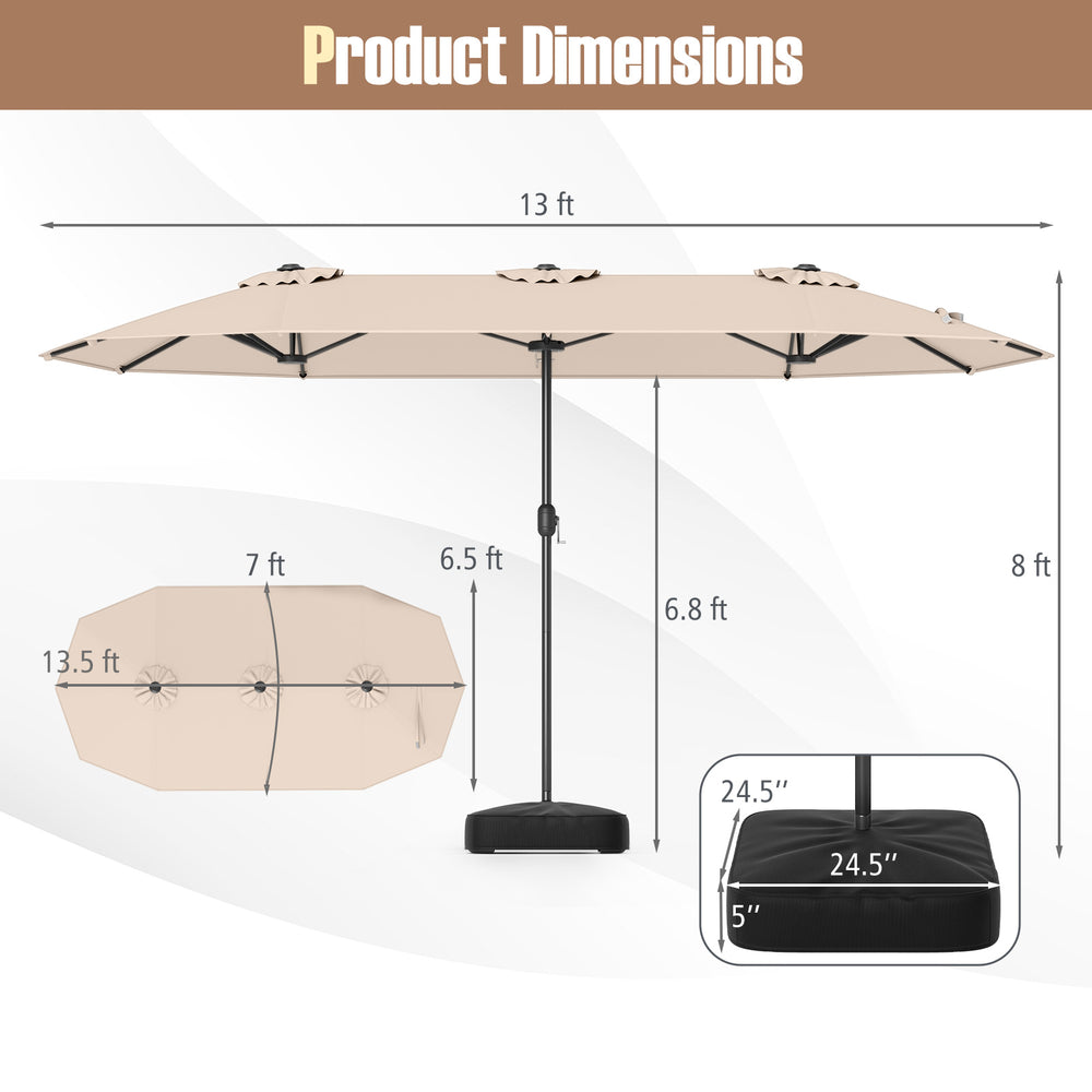 Double-sided 13 ft beige patio umbrella with crank handle, vented top, and sturdy base for outdoor shade.