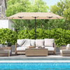 Double-sided 13 feet patio umbrella in beige, featuring a crank handle, ideal for poolside shade and stability.