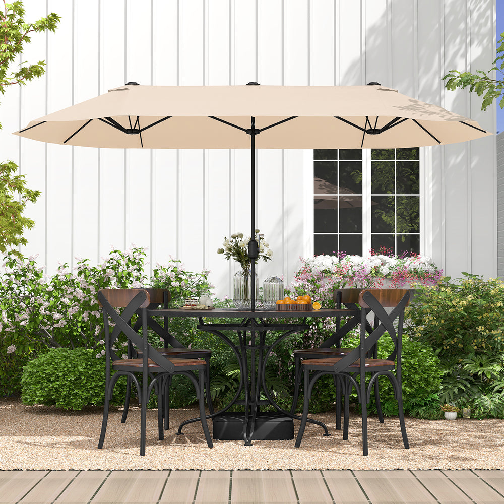 Double-sided 13 feet patio umbrella in beige with crank handle, providing ample shade for outdoor dining and relaxation.