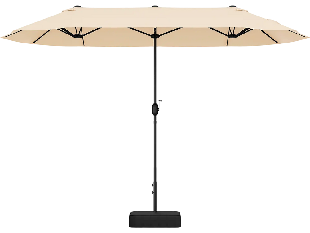 Double-sided 13 feet patio umbrella in beige with crank handle, ideal for providing shade in gardens and patios.
