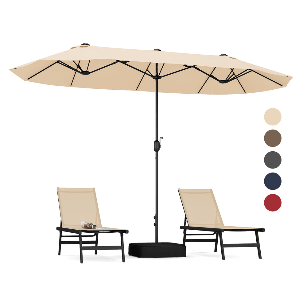 Double-sided 13 feet patio umbrella in beige with crank handle, ideal for poolside or garden shade.