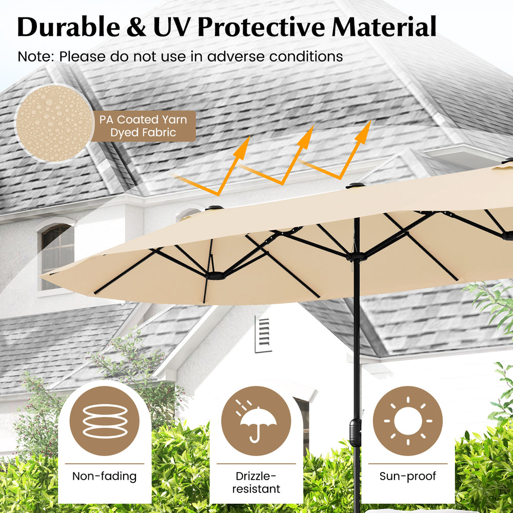 Double-sided 13 feet patio umbrella in beige with crank handle, made from non-fading, sun-proof fabric for outdoor use.
