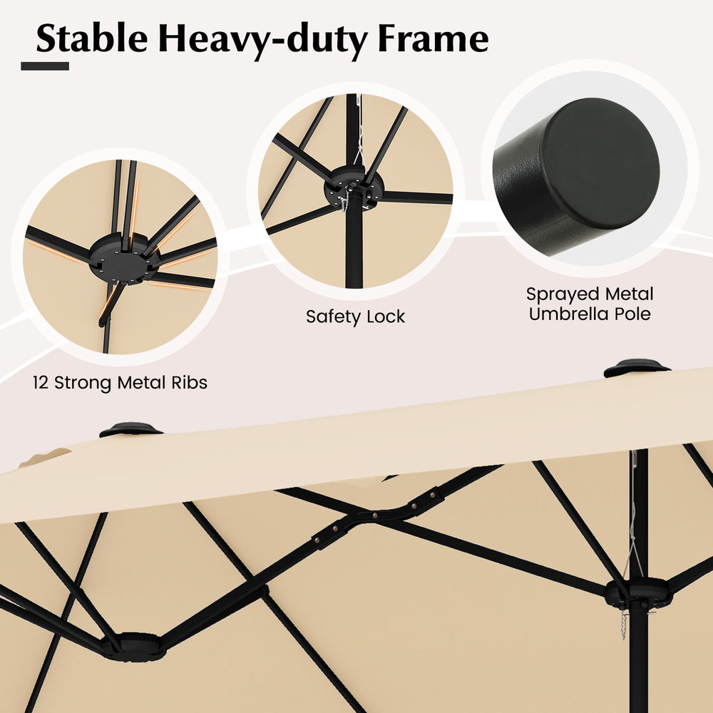 Double-sided 13 feet patio umbrella with a crank handle, featuring a sturdy sprayed metal pole and 12 strong ribs for.