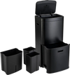 Black 13-gallon kitchen trash can with three removable bins for easy waste sorting and hands-free disposal.