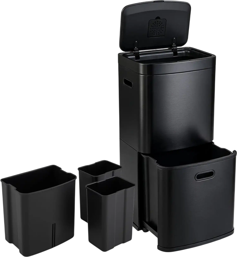 Black 13-gallon kitchen trash can with three removable bins for easy waste sorting and hands-free disposal.