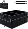 Car trunk organizer in black with 3 compartments, 6 pockets, and adjustable straps for secure storage and easy.
