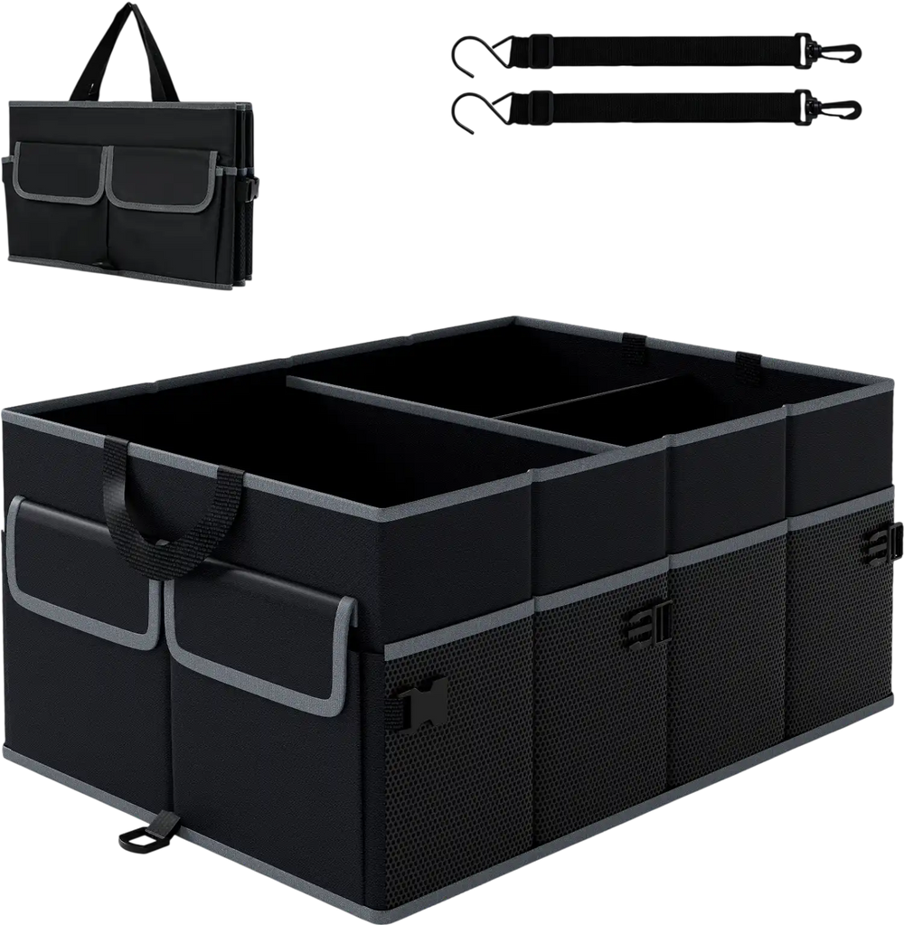 Car trunk organizer in black with 3 compartments, 6 pockets, and adjustable straps for secure storage and easy.