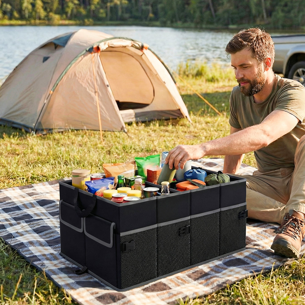 Black 13-gallon car trunk organizer with removable divider, featuring side and front pockets for easy access at a.