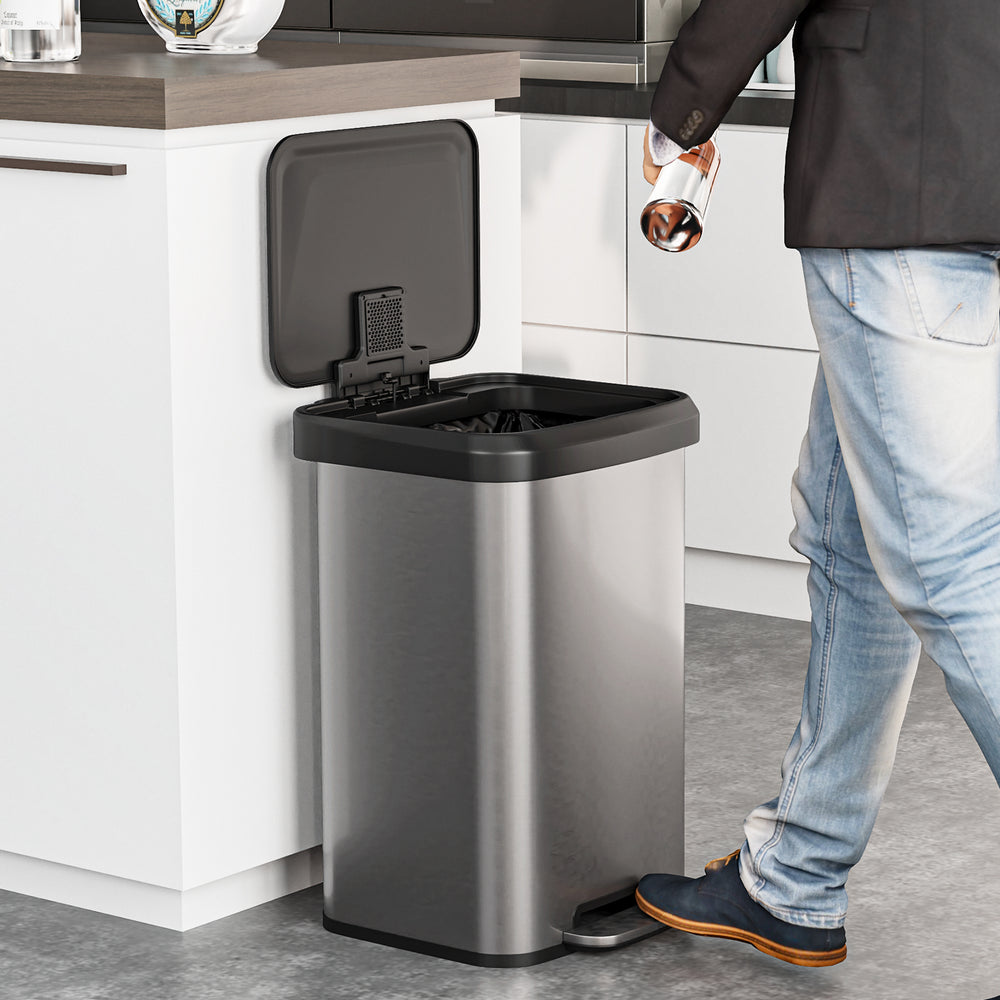 Stainless steel 13.2-gallon step trash can with soft close lid and built-in deodorizer, ideal for home or office use.