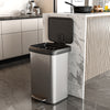 Stainless steel 13.2-gallon step trash can with soft close lid and built-in deodorizer, ideal for kitchens and offices.